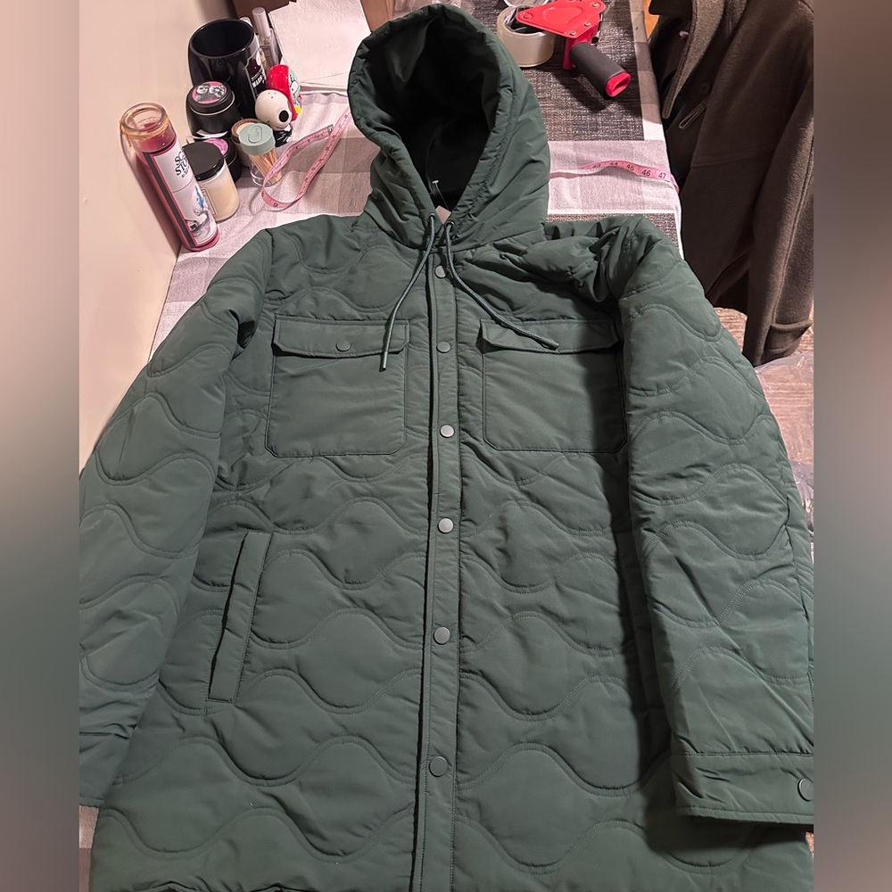 Stoic quilted long hooded winter jacket evergreen snap closure men’s xl